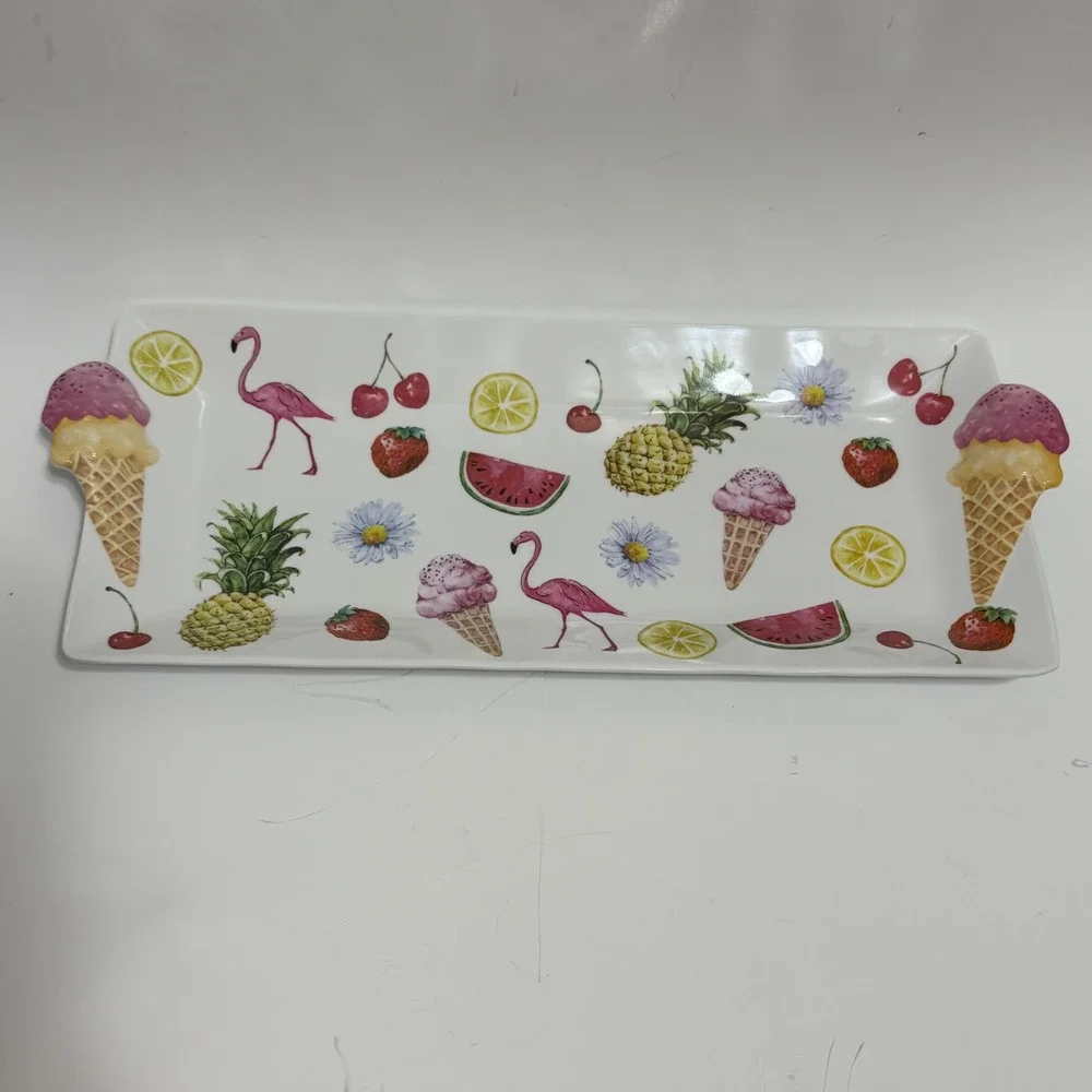 Tropical Summer Fruit Flamingo Ice Cream Melamine Rectangular Serving Platter